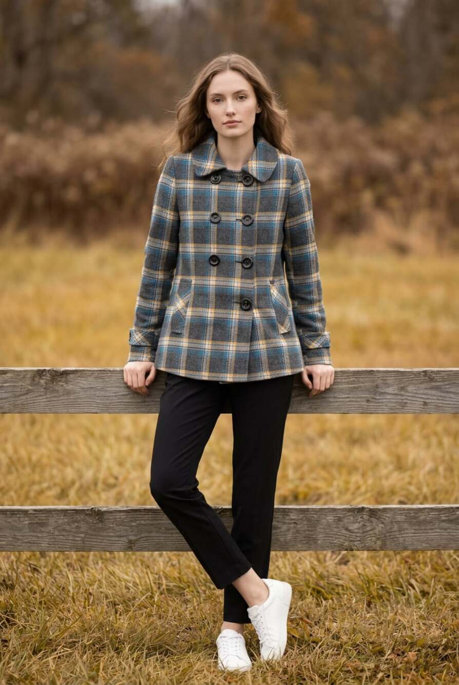 Aeropostale Blue and Yellow Plaid Wool Blend Peacoat Jacket